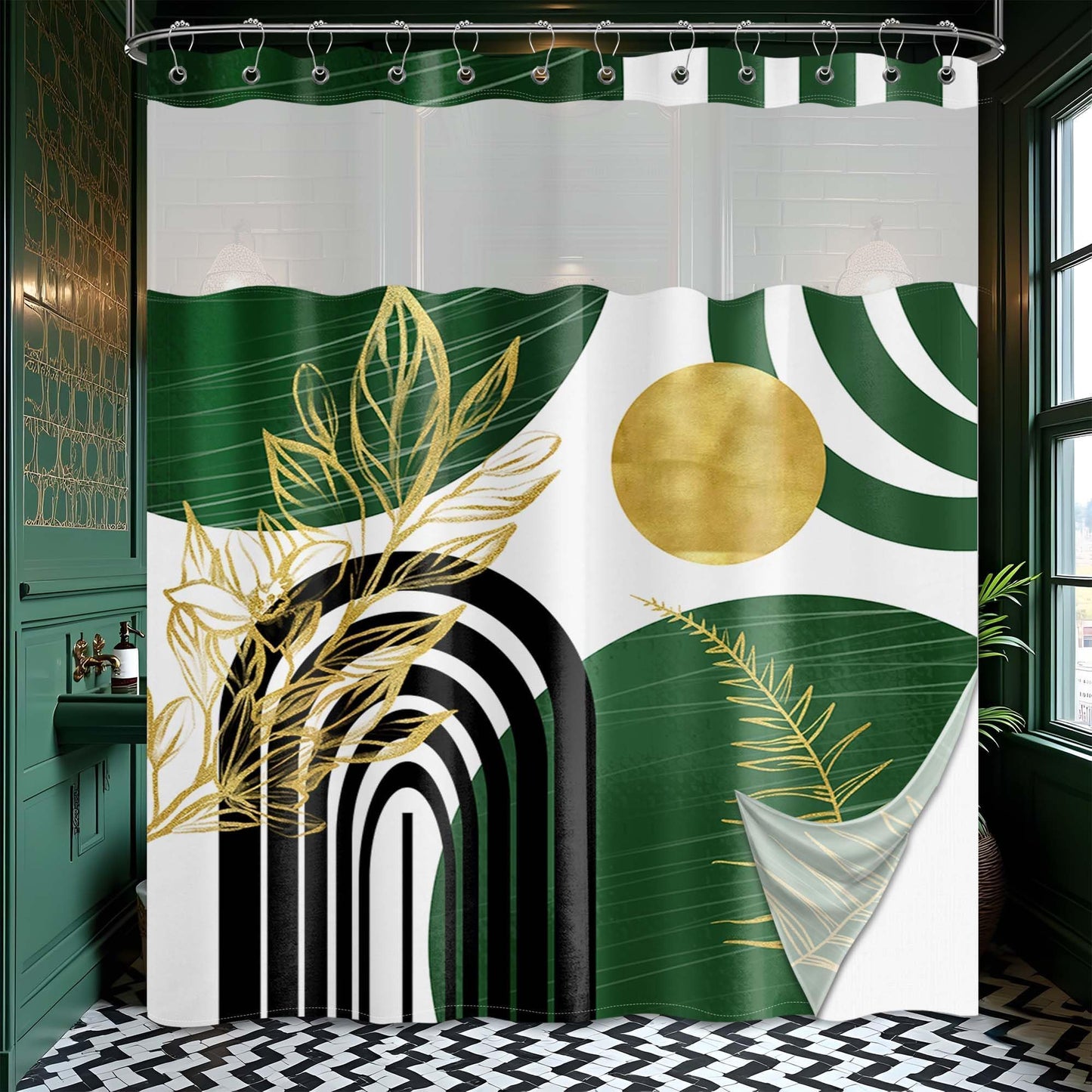 Bxpaitx Olive Green Bohemian See Through Mesh Top Shower Curtain with Window, Emerald Green Mid Century Modern Double Layer Shower Curtains with Snap in Liner, Waterproof Fabric with Hooks, 71x 72 in