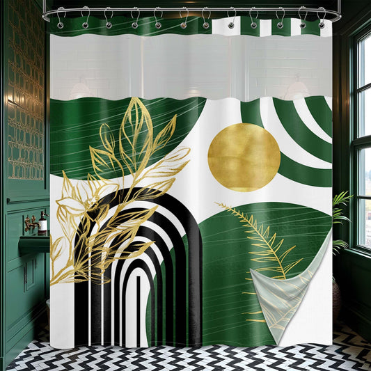 Bxpaitx Olive Green Bohemian See Through Mesh Top Shower Curtain with Window, Emerald Green Mid Century Modern Double Layer Shower Curtains with Snap in Liner, Waterproof Fabric with Hooks, 71x 72 in