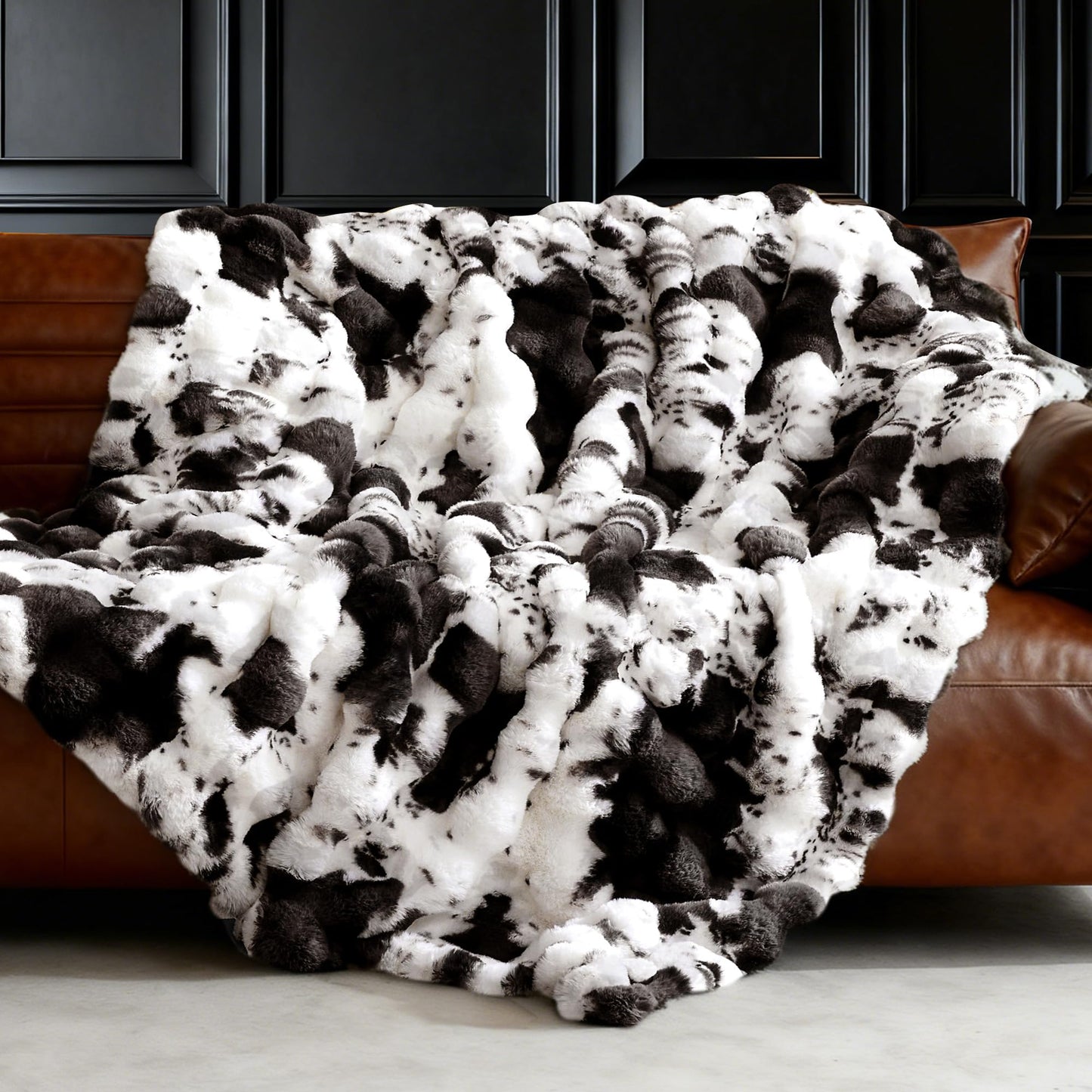VFROO Ultra Plush Bubble Faux Rabbit Fur Blanket – 950GSM Thick Fluffy Throw Blanket for Bed, Couch, Sofa, Home Decor or Mothers Day Birthday Gifts for Women, 50" × 60", Black Cow