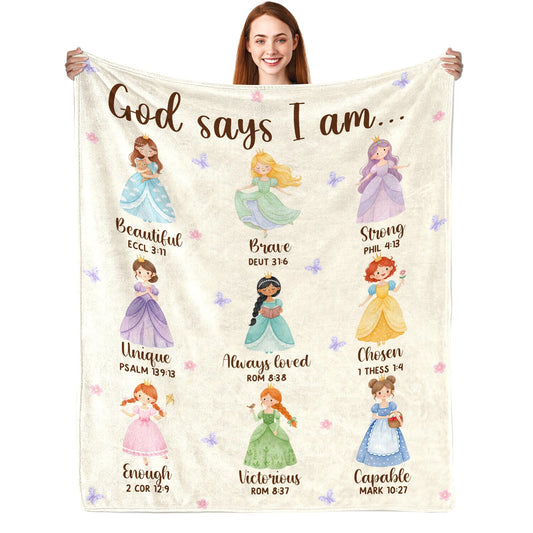 CIUGOIG Christian Gifts for Girl, God Says I Am Princess Blanket 50"x60", Inspirational Religious Birthday Gifts for Girls Princess Lover Bible Verse Blanket, Christian Princess Gifts