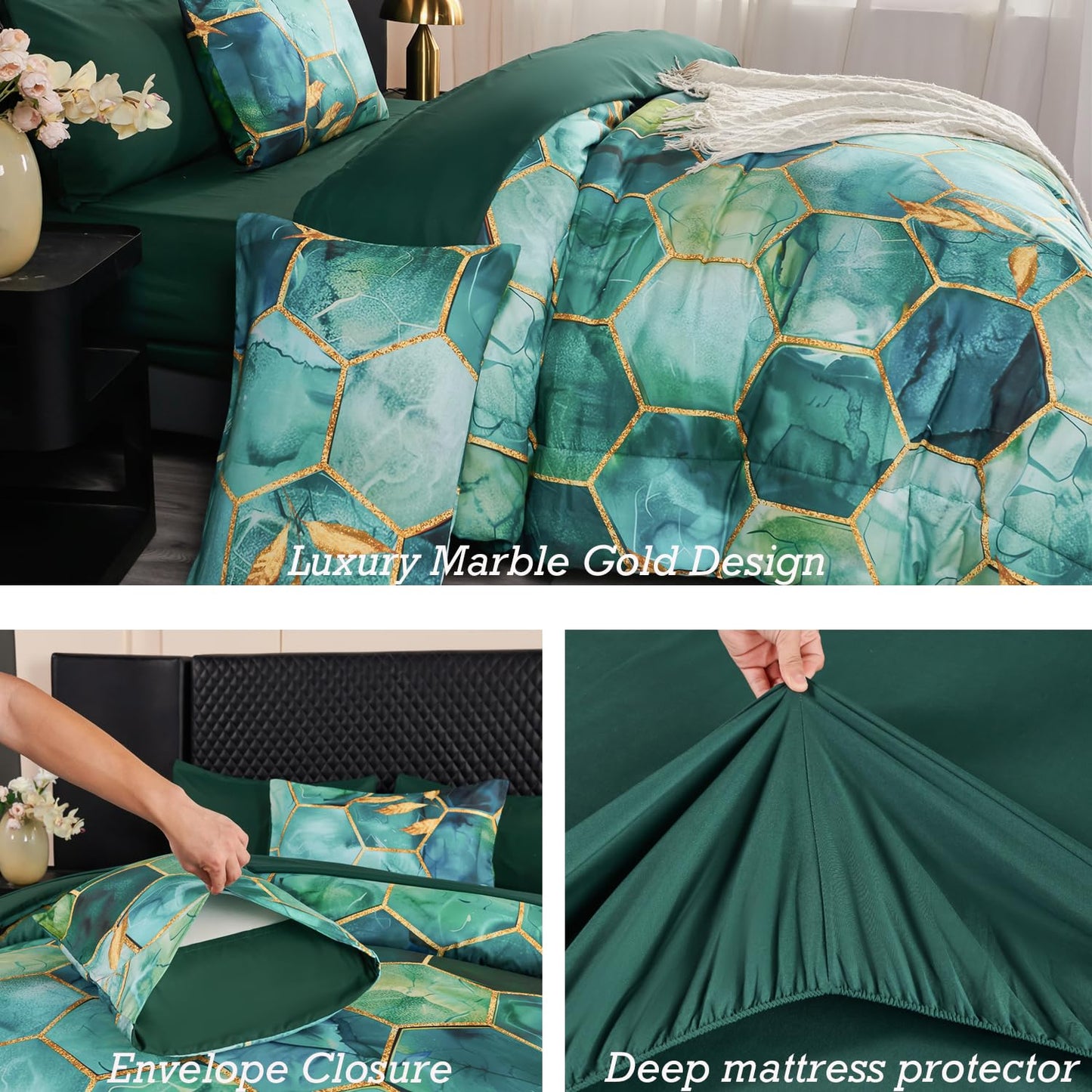 ANGIYUIN 7Pcs Teal Green Marble Comforter Set Full Watercolor Gold Bedding Set Geometric Honeycomb Printed Bed Sets Luxury Gold Leaves Bed in A Bag for Women Men(Full Teal Green)