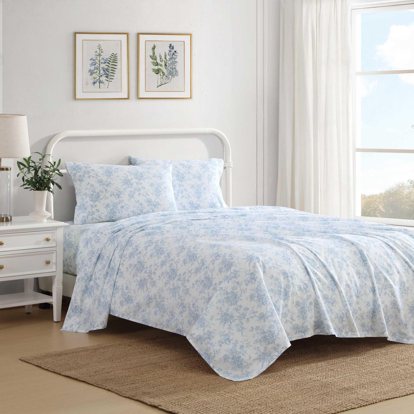 Laura Ashley – Twin Size Sheet Set, Crisp & Lightweight Cotton Percale Bedding with Fitted Sheet and Pillowcase, Floral Room Decor, Deep Pocket, College Dorm Room Essentials (Walled Garden Blue)