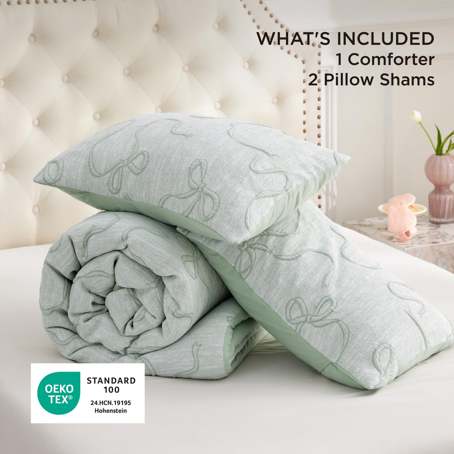 Bedsure Sage Green King Size Comforter Set, GentleSoft™ 3 Pieces Breathable Bow Comforter Set Women with 2 Pillow Shams, Cute King Bedding Set Room Decor Aesthetic Bedroom Decor, 104x90 Inches