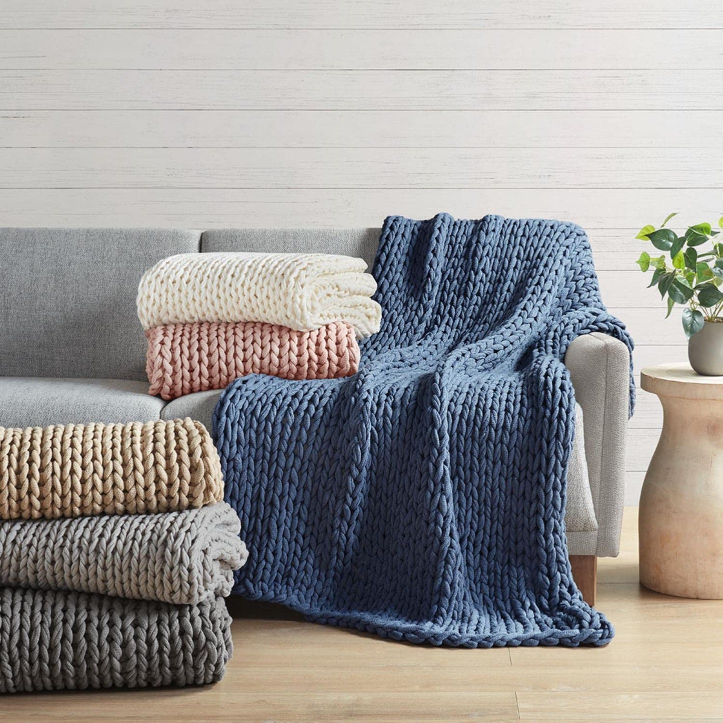 Madison Park Boho Throw Blanket, Soft Blanket Handmade Gift Home Decor, Lightweight & Breathable All Seasons Spring Chunky Knit Blanket, Knitted Throw for Couch, Bed Blanket, 50"x60" Tan