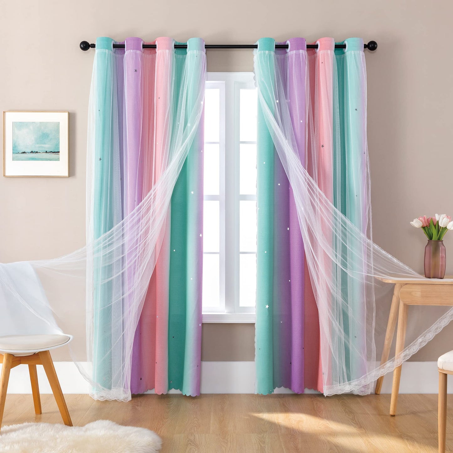 XiDi Curtains for Girls Bedroom Decor, Rainbow Blackout Curtains for Kids/Little Girl Room Decor, Unicorn Wall Decals,Pink Purple Green,63 x 34 inches,1 Panel