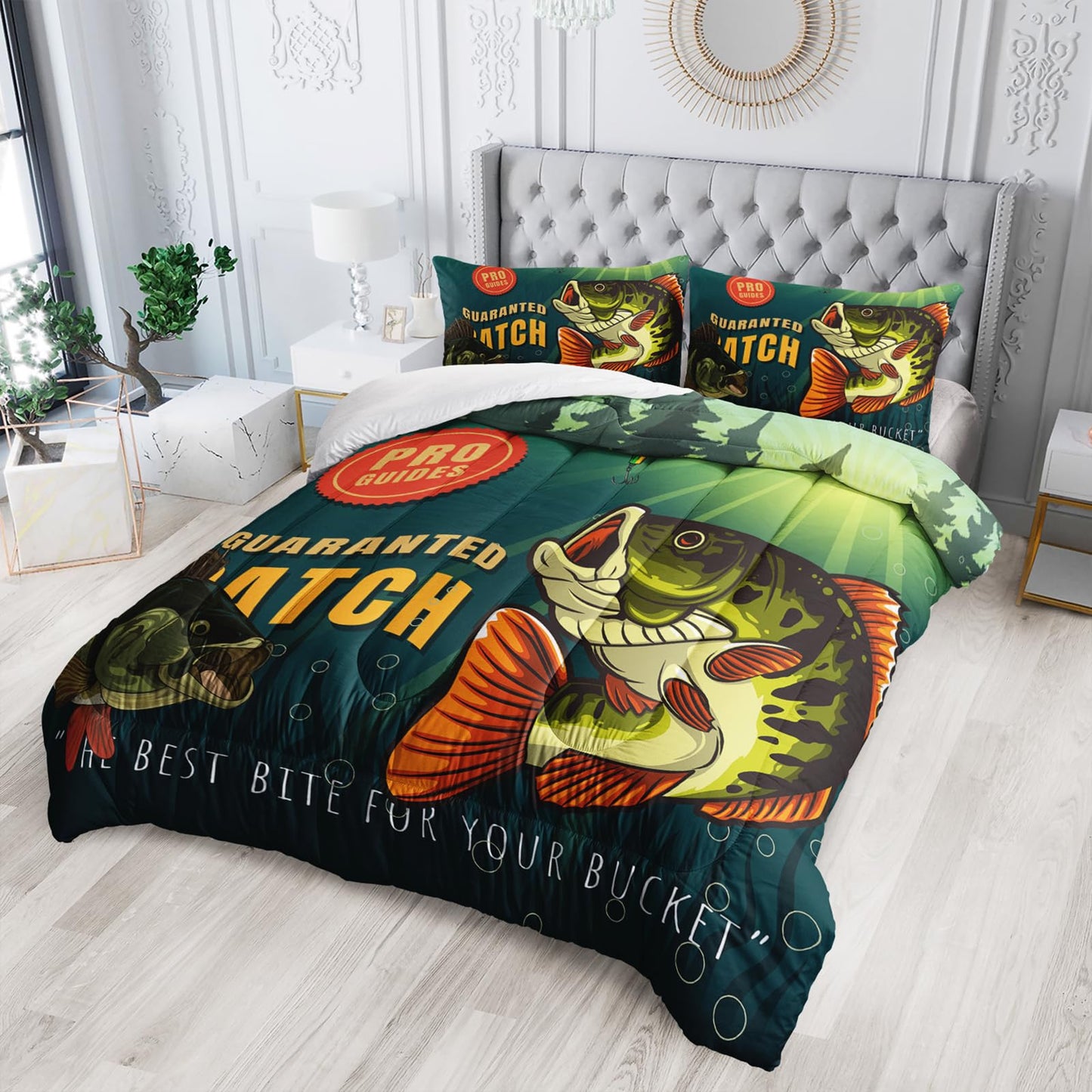 Nttopship Big Pike Fish Comforter Sets, Hunting and Fishing Pattern Bedding Set Twin Size for Kids,Fishing Underwater Animals Bedding Sets All Season 1 Comforter and 2 Pillowcases