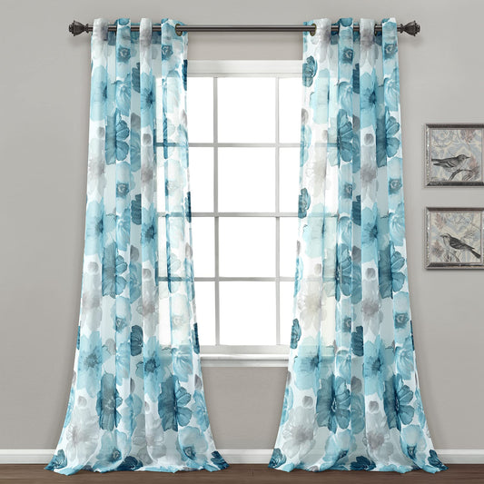 Lush Decor Leah Floral Sheer Window Curtain Panels Pair 52"W x 84"L Blue - Floral Curtains for Bedroom - Sheer Curtains for Living Room