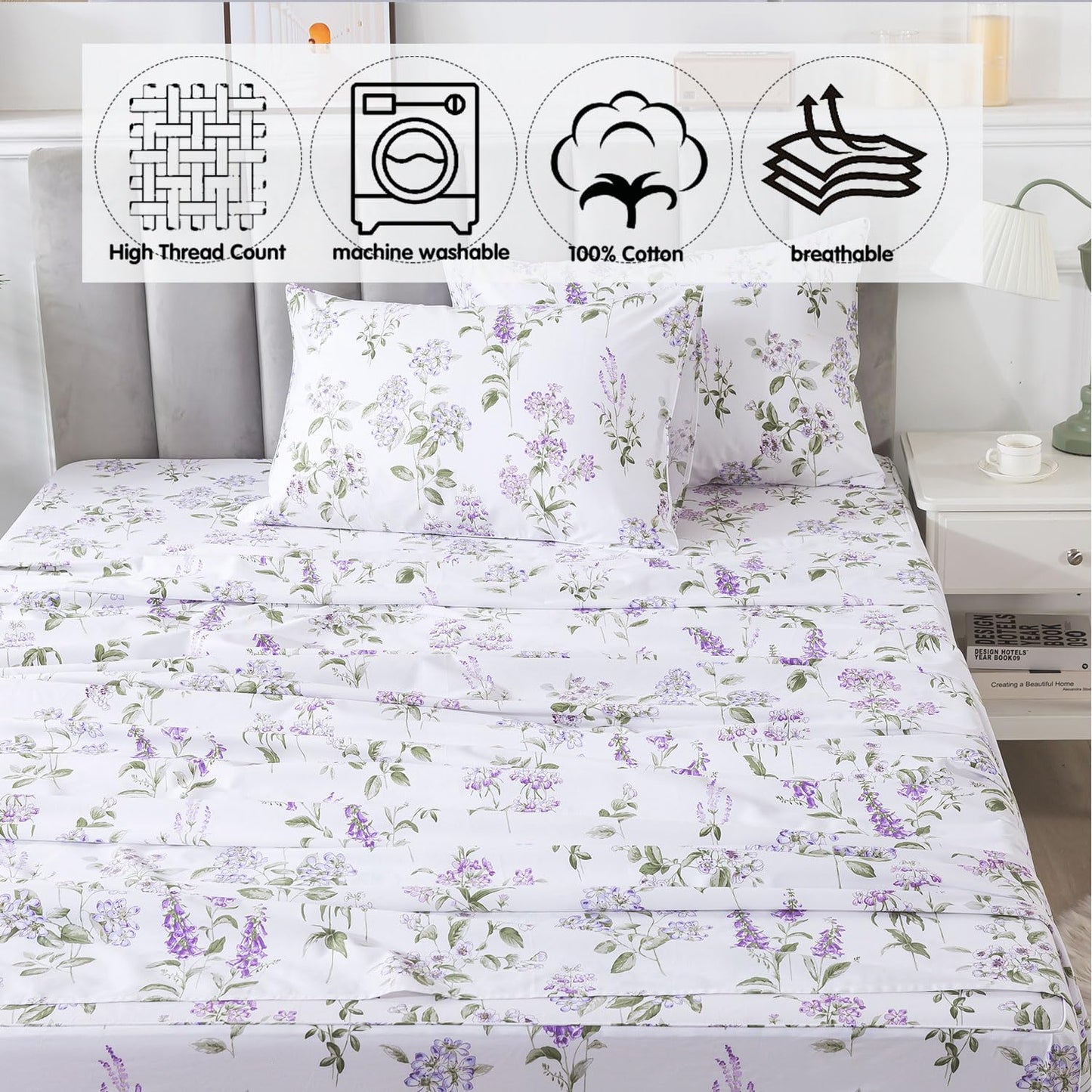 FADFAY Twin Sheet Set 100% Cotton Teal Green Leaf Pattern Printed Bed Sheets, Botanical Sheets Leaves Pattern Modern Minimalist Bedding, Soft Crisp & Breathable Luxury Deep Pocket Fitted Sheet, 4Pc