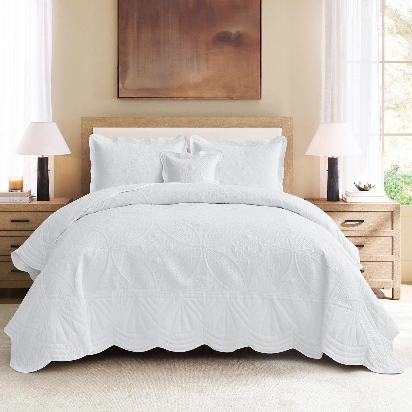 DaisyHuang Oversized Bedspread - Queen Size Bedding Cover - Modern & Contemporary Coverlet Set, Real Stitching, Reversible, Lightweight, 5 Piece, White
