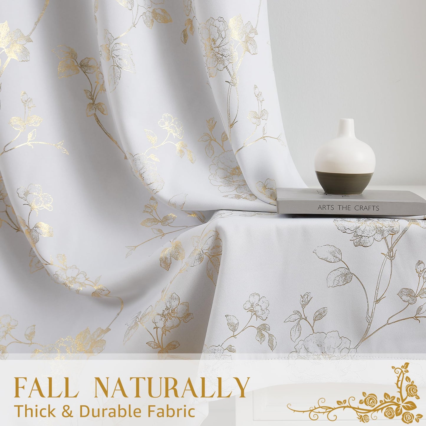 Ronaldecor Floral Full Blackout Window Curtains 84 Inches Long for Bedroom White Gold Rose Drapes Room Darkening Thermal Insulated Noise Reduction Grommet Window Treatments Sets, 52" W, 2 Panels