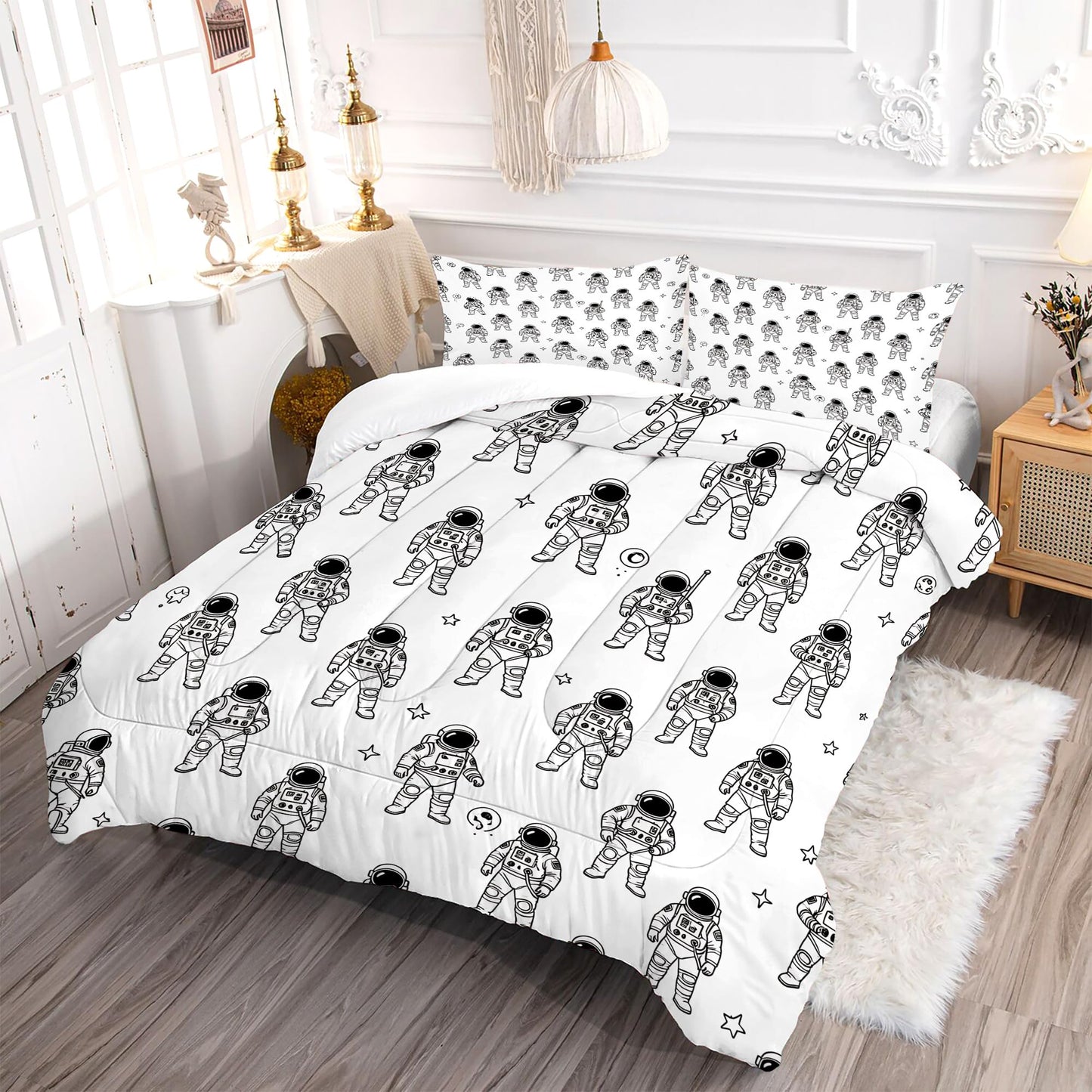 VTKON Black and White Astronaut 3Pcs Comforter Set for Boys, Full Size Spaceman and Star Bedding Set, Line Print Galaxy Bed Sets for Kids Bedroom with 2 Pillowcases