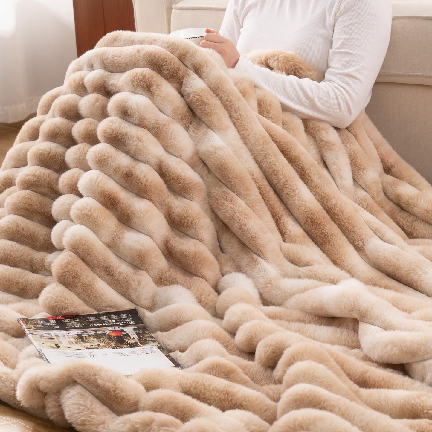 Battilo Beige Throw Blanket for Couch, Cozy Warm Plush Striped Rabbit Fur Throw Blanket for Bed, Super Soft Fuzzy Faux Fur Blanket for Living Room Bedroom, Home Decor & Gifts, 50"x60"