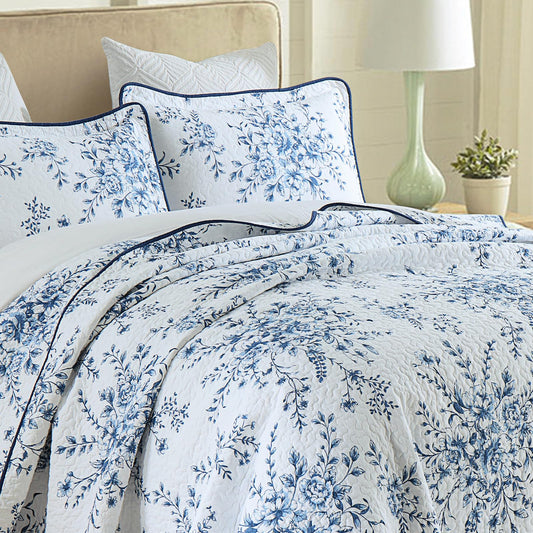 Finlonte Quilts Queen Size 100% Cotton Lightweight Soft Queen Quilt Vintage Botanical Quilted Bedspread White Blue Floral Reversible Quilt Bedding Set 3 Pieces