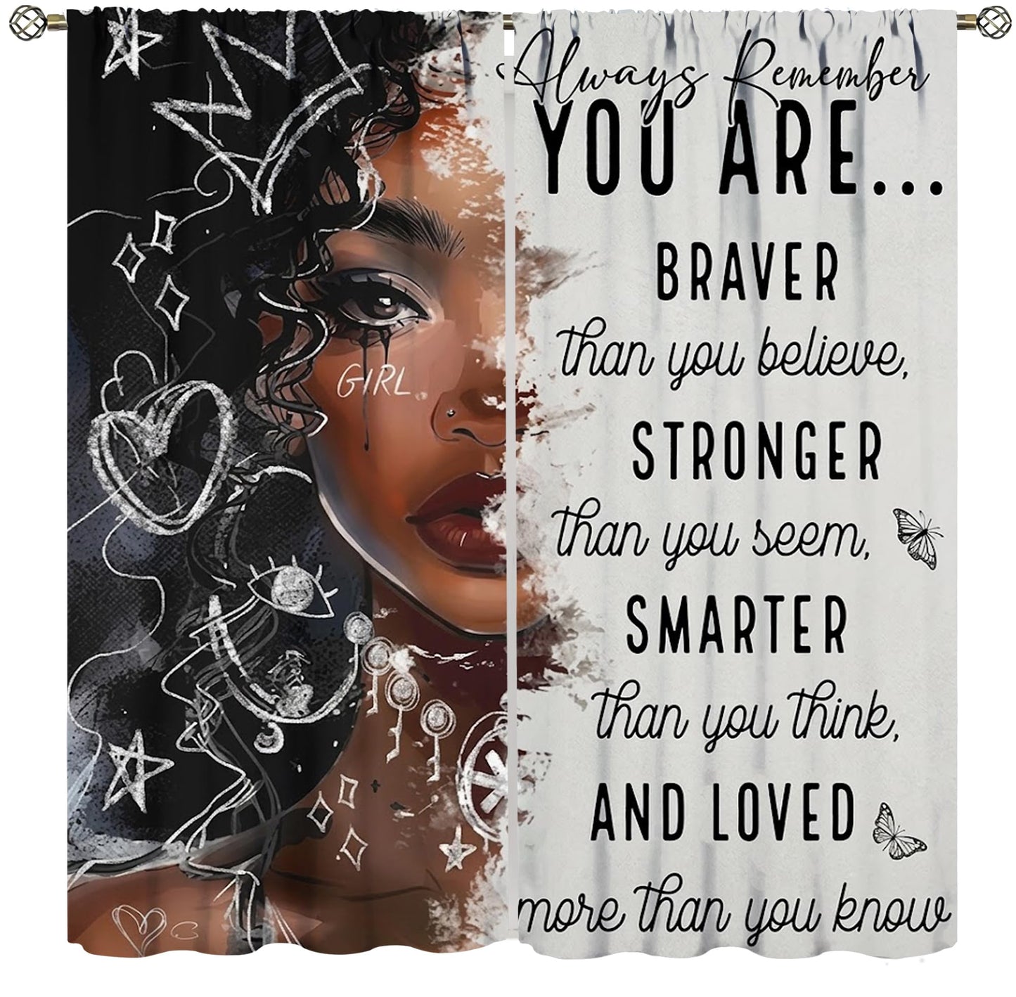 TFOSO African American Curtains,Black Girls Woman Funny Inspirational Quotes Home Decor Drape for Bedroom Living Room Kitchen Window Treatment 2 Panels Set Total Size 42" W X 45" L Inch