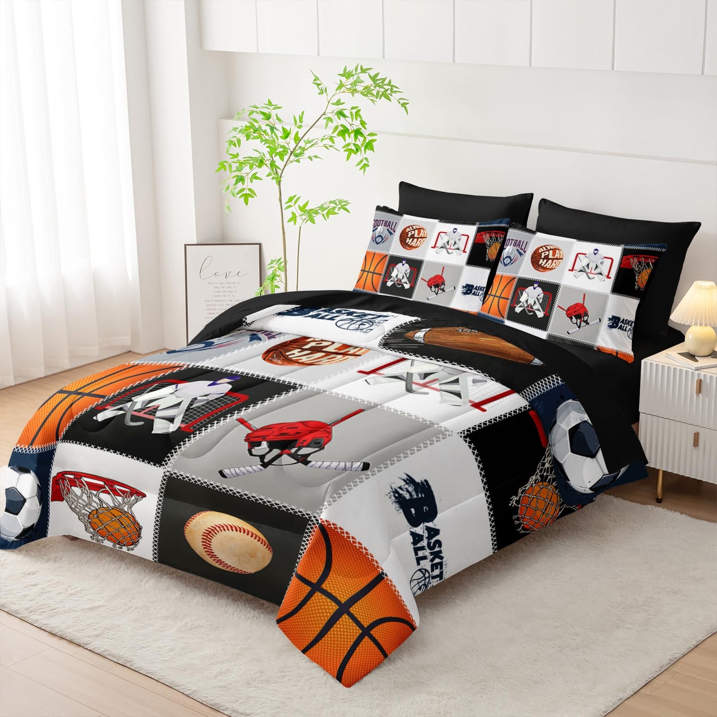AILONEN Sports Comforter Set Twin Size,Basketball Football Soccer Ball Print Player Bed in a Bag,7Pcs Soft Microfiber Comforter,Fitted Sheet,Flat Sheet,2 Pillowcases,2 Pillow Shams for Kids Boys Men