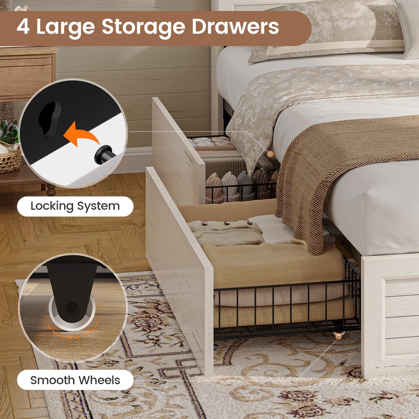 VIAGDO Full Bed Frame with Headboard and Storage Cabinets, Farmhouse Bed Frame Full Size with Charging Station and LED Lights, Wooden Platform Bed Frame with 4 Drawers, No Box Spring Needed, White