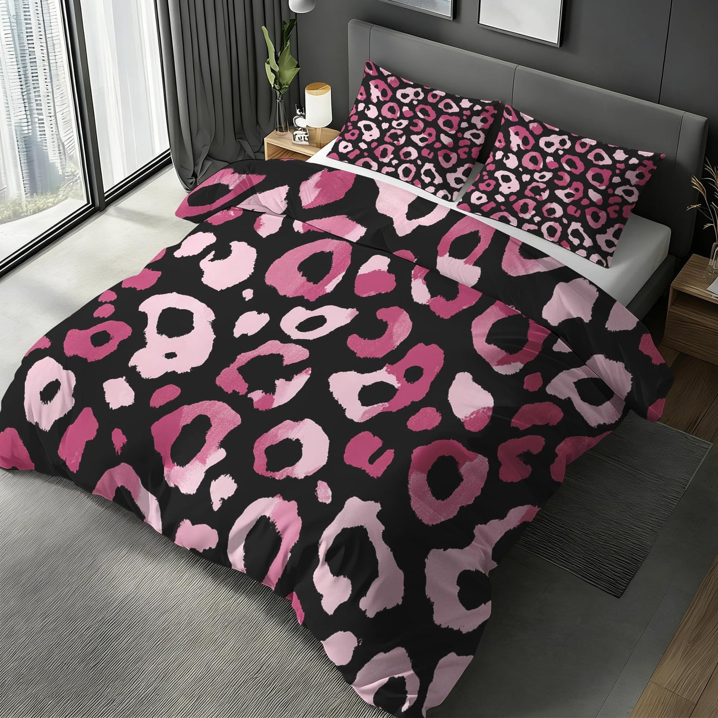 Hot Pink Cheetah Print Duvet Cover Queen, Wildlife Animal Print Bedding Set 3 Piece & 2 Pillowcases, Leopard Print Bedroom Decor, Reversible Soft Microfiber, Zipper Ties