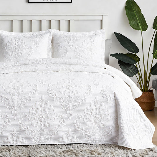 Hansleep White Quilt Queen Size - Ultrasonic Summer Bedspread Queen, Soft Lightweight Coverlet Bedding Set, 3 Pieces (1 Quilt, 2 Pillow Shams)