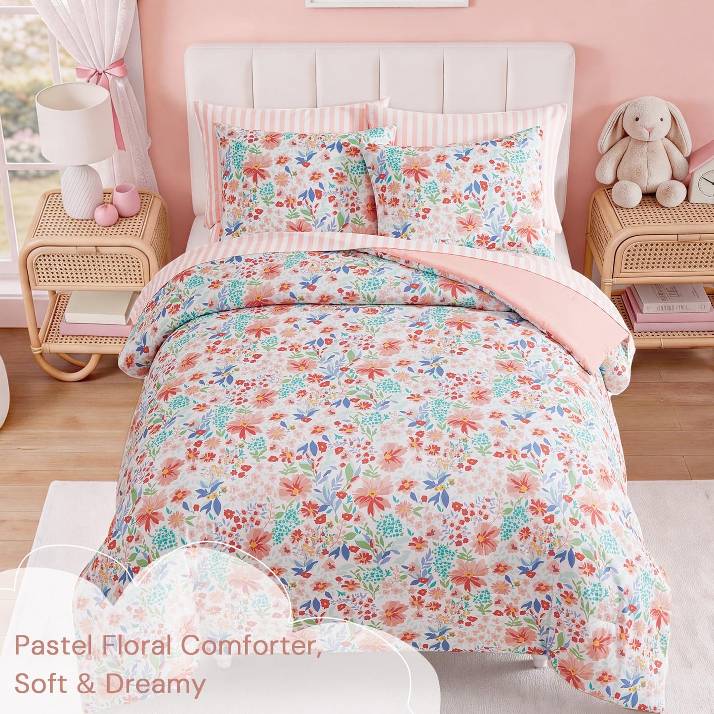 AMBERSPACE Twin XL Comforter Set for Girls, Pink Floral Garden Bedding Set, All Season Kids Bed in a Bag Dorm 5 Pieces with Sheets, Pillowcase & Sham