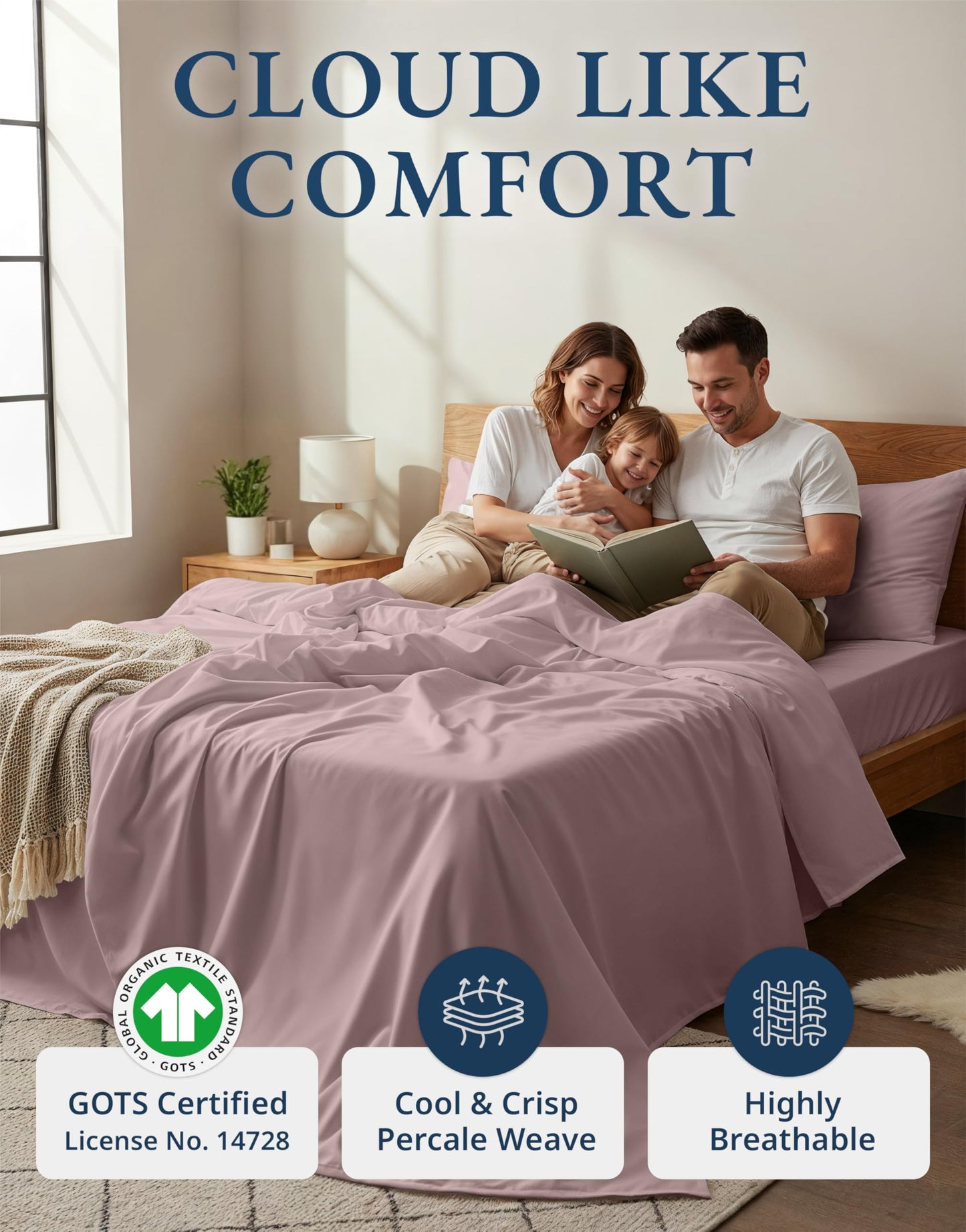 LANE LINEN Cotton Percale Sheets Queen 100% Organic Cotton GOTS Certified Percale Weave Deep Pocket 4 Piece Soft Breathable Cooling Lightweight All Season Machine Washable Crisp - Lilac