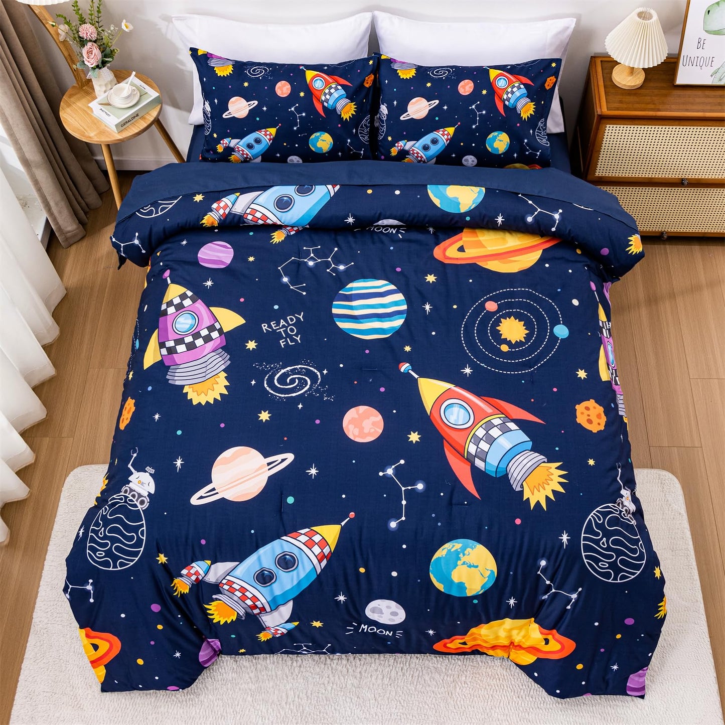 Aimuan Space Comforter Twin Set Kids Rocket Bedding Set Super Soft & Cute Aliens UFO Printed for Boys Girls Teen (Navy, Full 5Pcs)