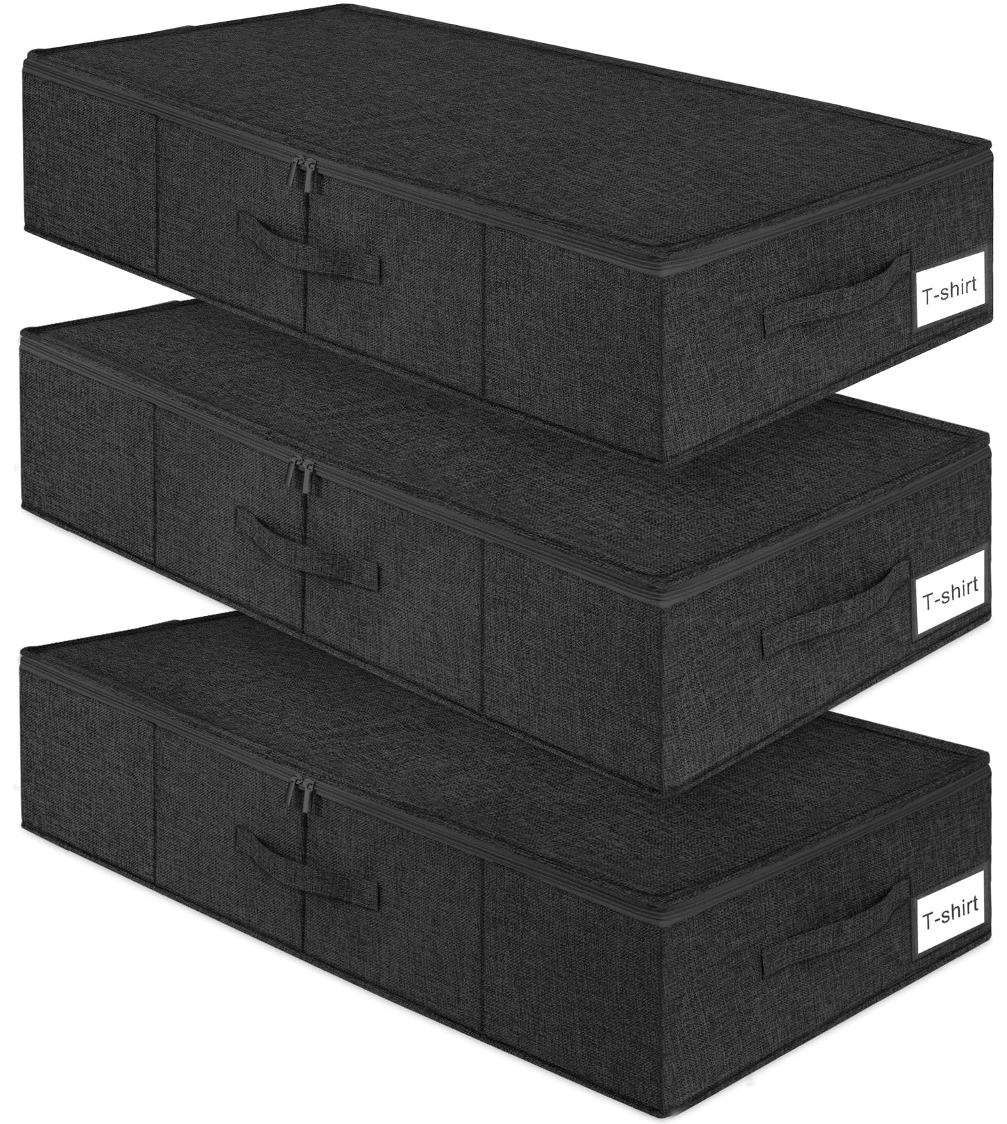 Under Bed Storage Container, 3 Pack Underbed Storage Bags With Lid, Foldable Sturdy Clothes Storage Organizer W/ 3 Handles, Ultra Thick Fabric Blanket Shoe Storage Box, 30x15x6.7inch, Black, 50L