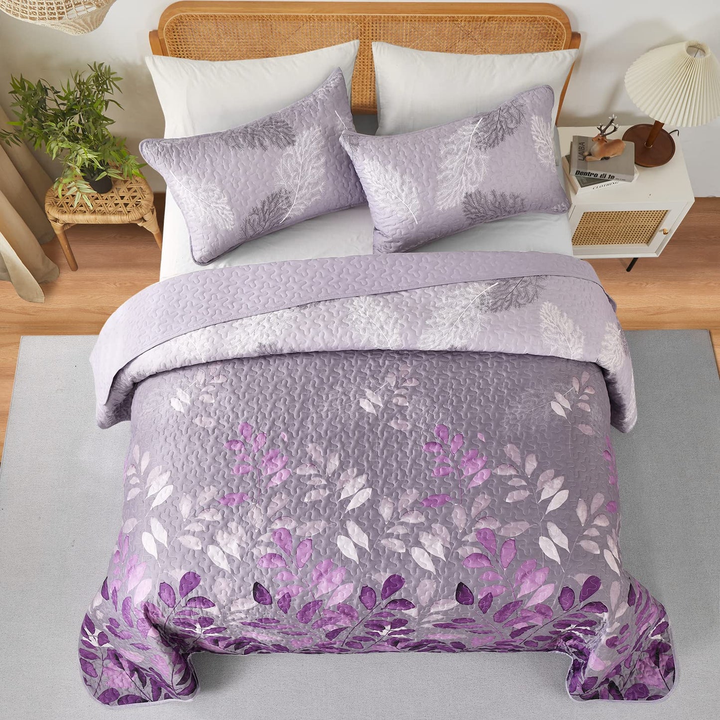 WONGS BEDDING Purple Floral Quilt Set Queen Size, 3 Pieces Botancal Leaves Bedspread Coverlet Set with 2 Pillowcases for All Season, Soft Microfiber Floral Bedding Set 96"×90"