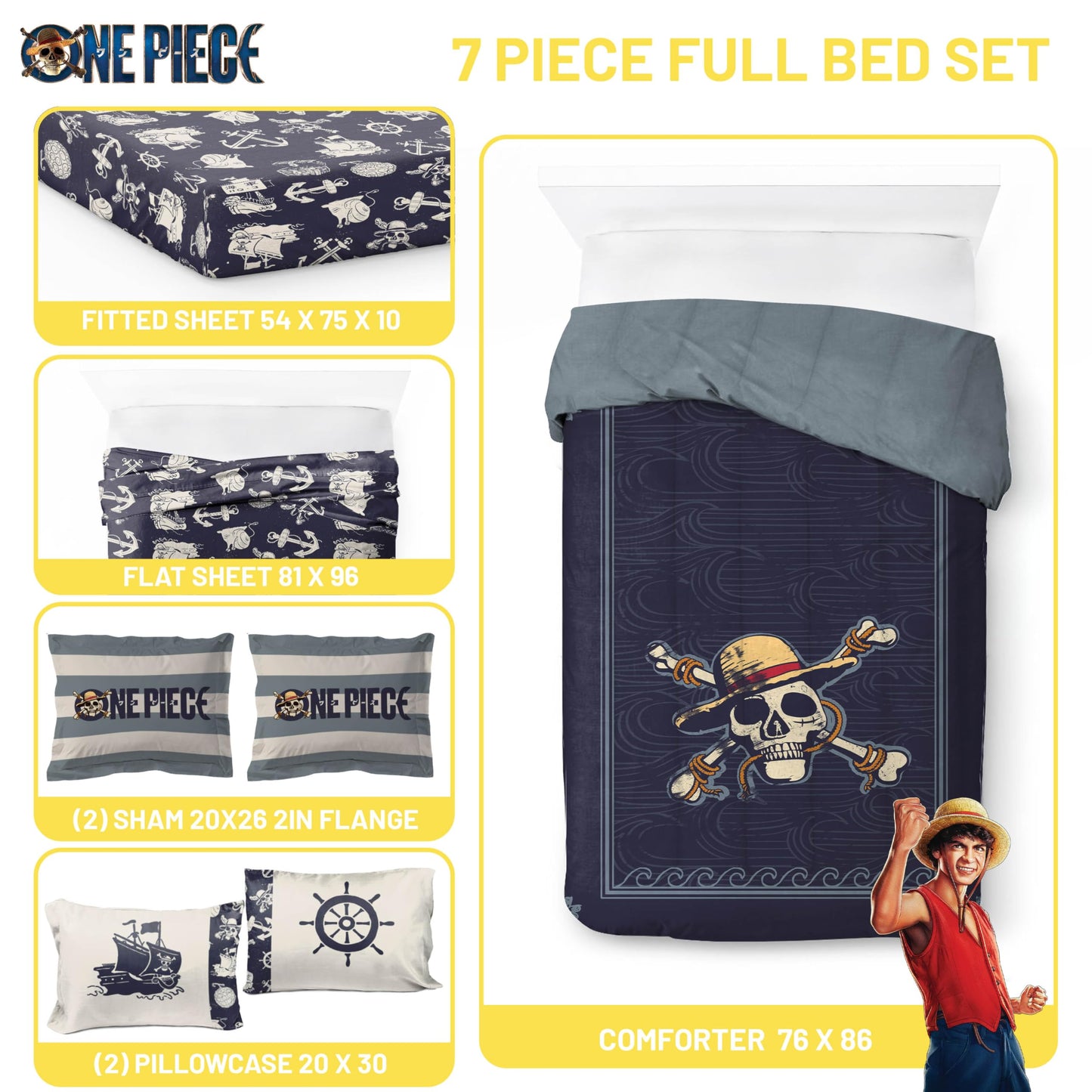 Jay Franco One Piece Full Size Comforter Set - 7 Piece Blue Bedding Includes Sheet Set & Pillow Covers - Super Soft Anime Bedding with Skull and Bones