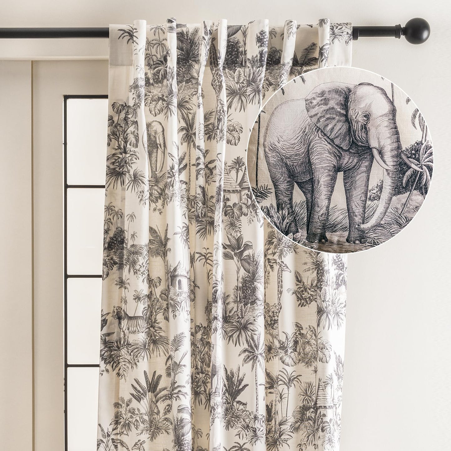 Maison d' Hermine Curtains for Living Room 100% Cotton 96 inch Length One Panel Light Filtering Toile Curtains for Bedroom Windows with Rod and Loop Pockets Drapes (Savana Jouy Black, 50" W x 96" L)