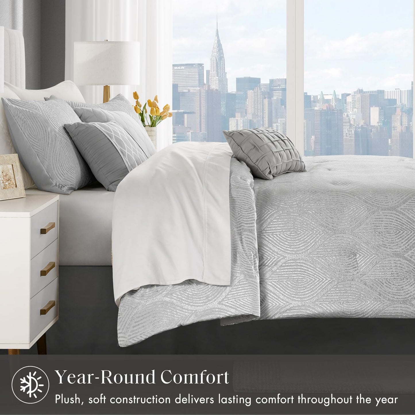 Madison Park 7-Piece Velvet Comforter Set, Jacquard Bedding Sets for All Season, Includes Comforter, Bed Skirt, Pillow Shams and Decorative Pillow, Queen/King/Cal King, Nocturne, Grey
