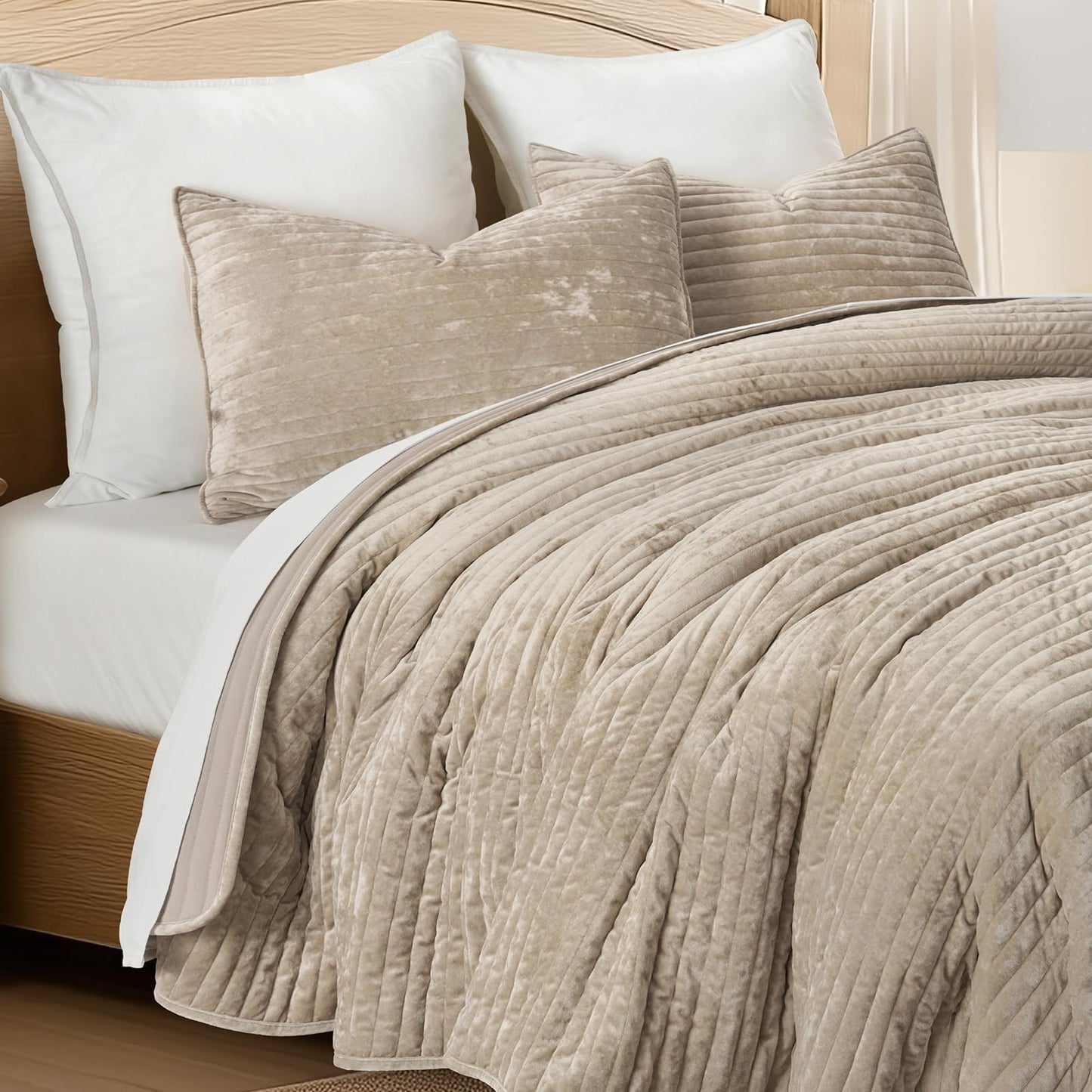EverGrace Velvet Quilt Set King Size, Luxurious Soft Striped Channel Bedding Set, Lightweight Velvet Comforter for All Season, Oversized Bedspread Coverlet with 2 Matching Shams, Beige Taupe