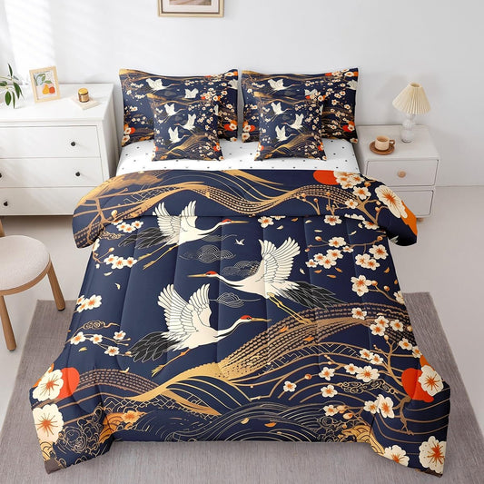 Erosebridal Oriental Crane Queen Comforter Set,Japanese Ocean Waves Bedding Set 7 Piece,Cherry Blossom Bed in a Bag Aesthetic Vintage Floral Bed Set with Fitted Sheet,Flat Sheet,Pillowcases