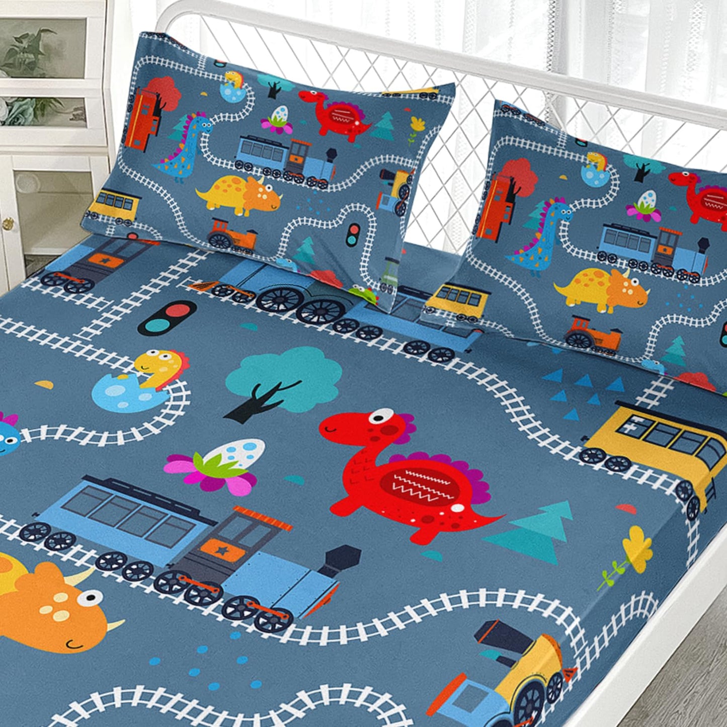 AILONEN Cartoon Train Fitted Sheet Set Twin Size, Railroad Train Printed Bedding Set for Kids,Cute Dinosaur Bed Sheet Set for All Season,3-Pieces,1 Sheet Set with 2 Pillowcases,Soft,Breathable