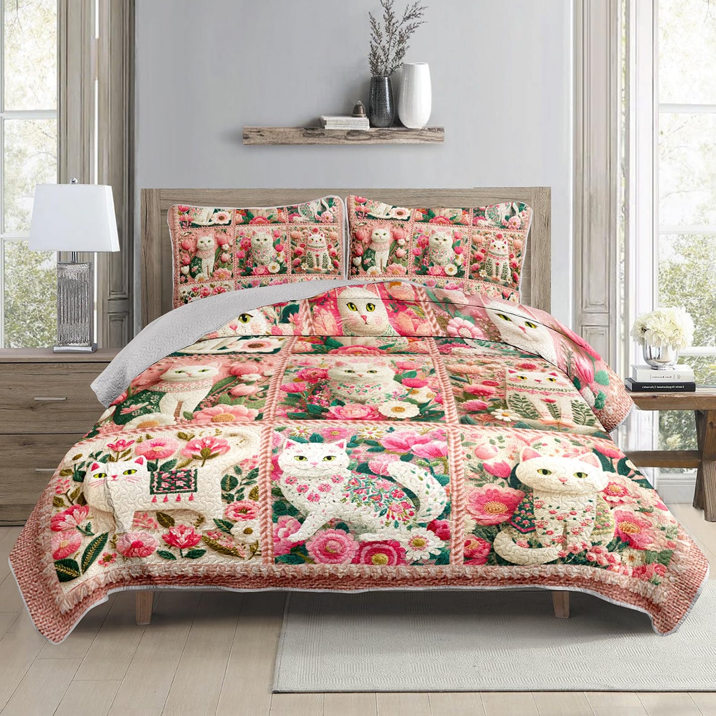 AILONEN Floral Cat Quilted Bedding Set King Size - Pink Cat Bedspread Coverlet,3-Piece Printed Bedding for Kids Girls Room Decor,Soft Microfiber Quilt,2 Pillowcases