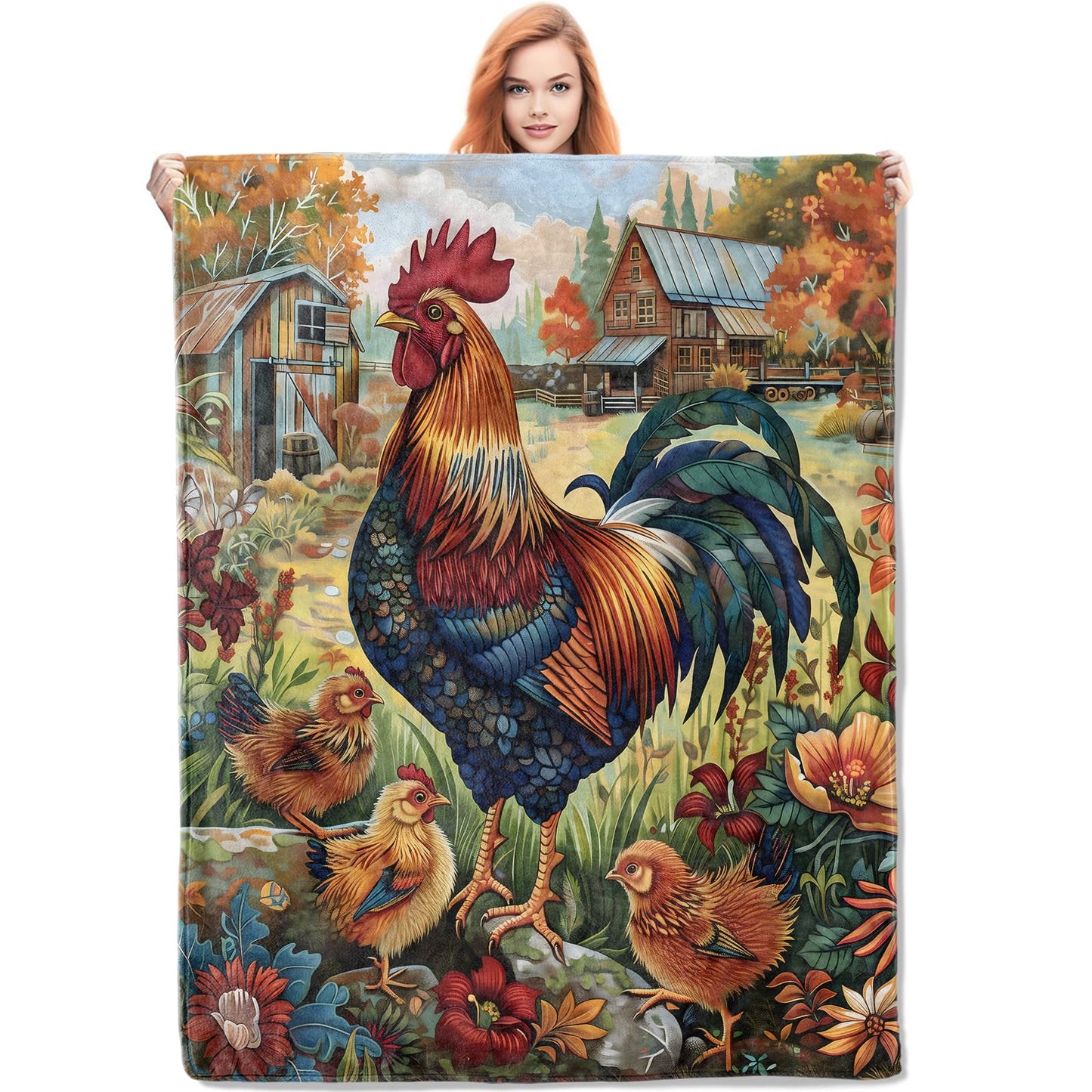 VANZEV Rooster Throw Blanket Gifts for Women, Farmhouse Rustic Country Blankets for Living Room Home Decor, Cozy Flannel Rooster Plush Throws 50"x60"