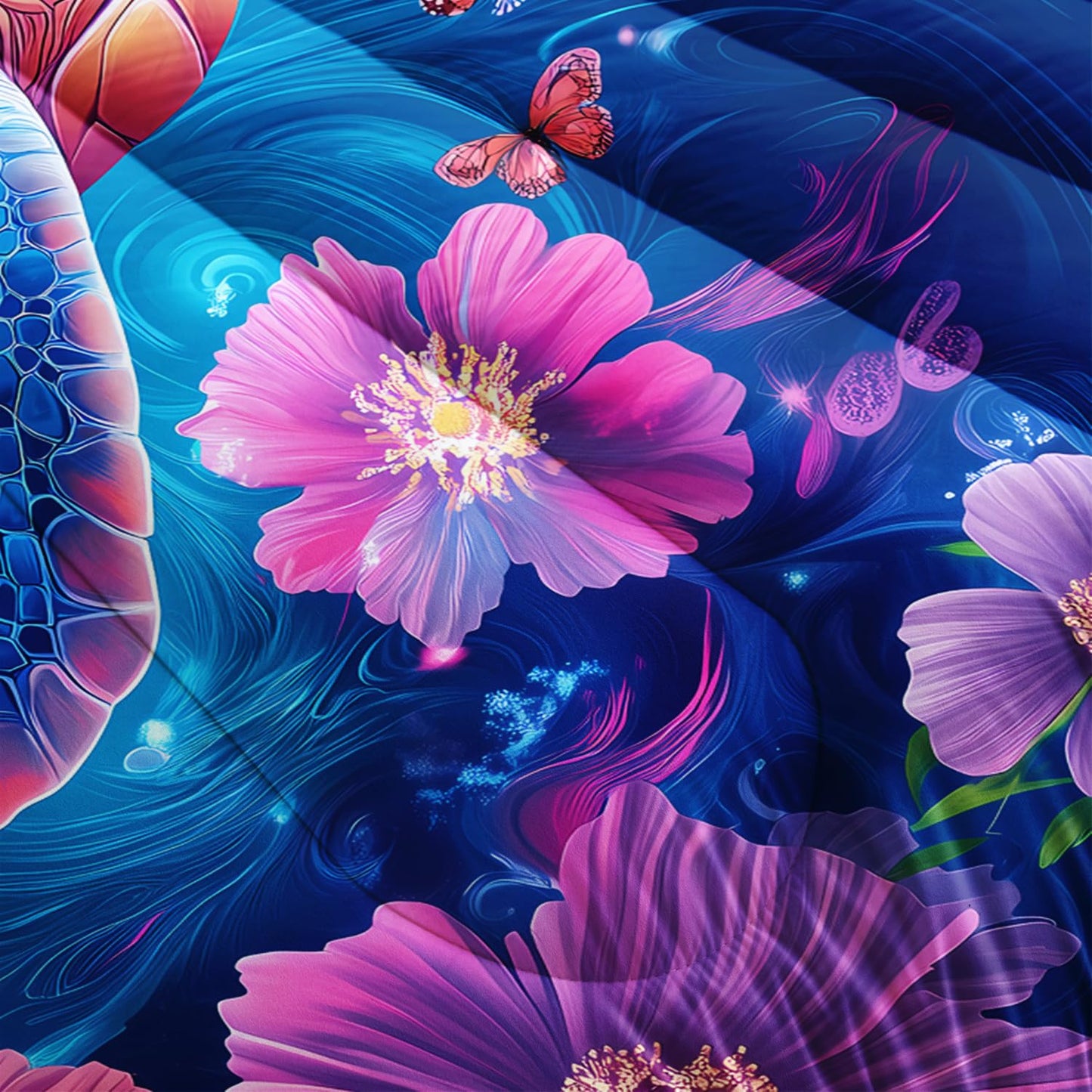 UEVBF Blue Coastal Bedding Sea Turtle Comforter Set Queen Size,Pink Flowers and Butterflies Pattern Bed Sets for Toddler Kids Girls Room Decor,Ocean Themed Bedding Sets with 2 Pillowcases.