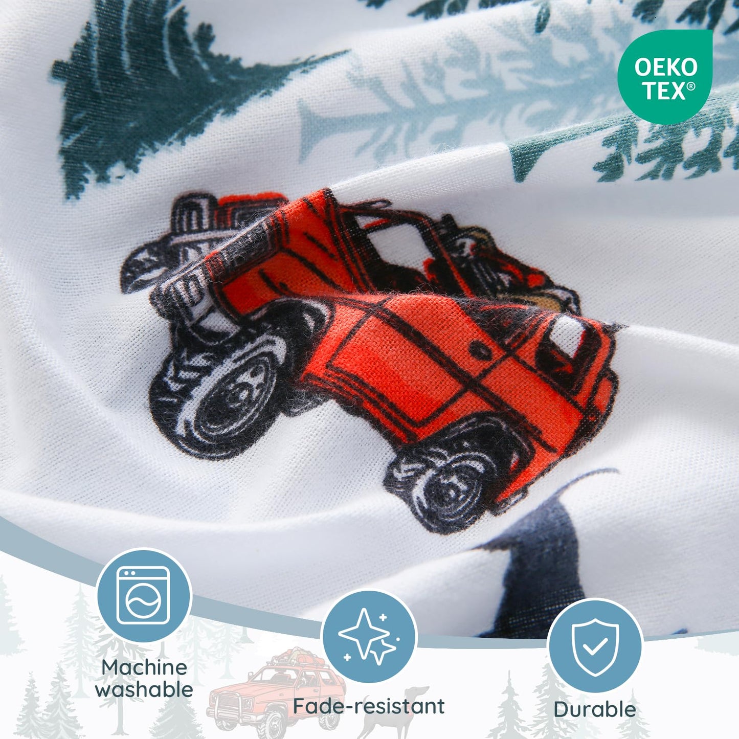 LONAVA 100% Cotton Flannel Sheet Set 4 Pieces, Heavy-Duty Fluffy Flannel Design, Thermal Lock Technology, 16 inch Deep Pocket Cozy Soft Bedsheets,(Twin,Forest Jeep)