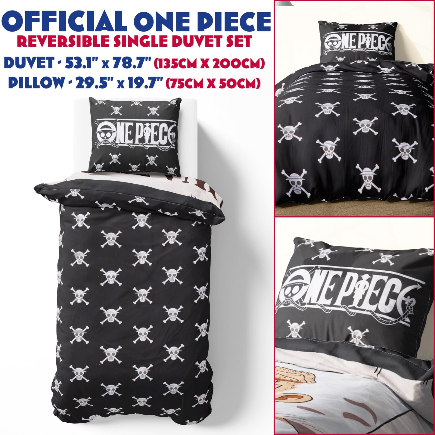 Get Trend One Piece Kids Twin Duvet Cover Set with Pillowcase, 53x79 in, Reversible Bedding Set for Boys Girls, Soft Cozy Comforter Cover, Anime Bedroom Decor, Gifts for Boys (Multi One Piece)