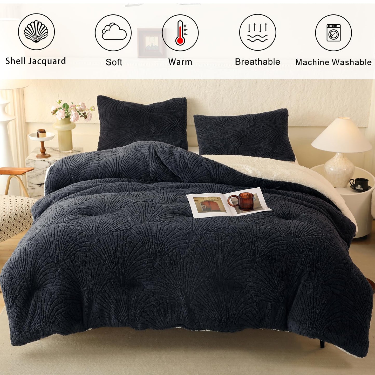 tohrisa Seashell Jacquard Sherpa Comforter Set Warm Cozy Premium Bedding 3 Pieces, King Size Geometric Pattern Quilt Comfort er with 2 Pillowcases(104"X90" Grey)