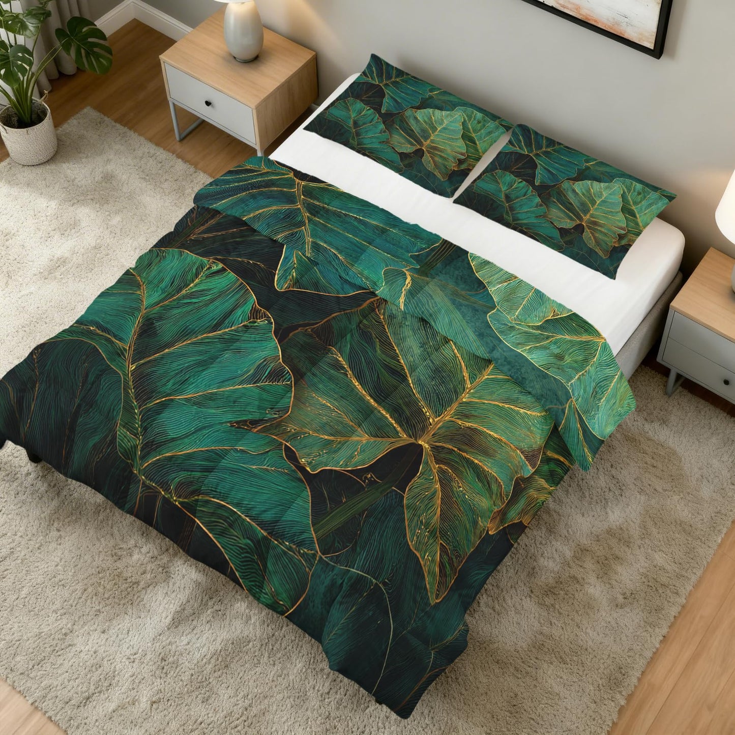 Monstera Comforter Set King Size 3Pc, Tropical Leaves Pattern Down Alternative Bed Comforter, 2 Pillow Shams, Soft All Season Bedding, Monstera Bedroom Decor AF4303