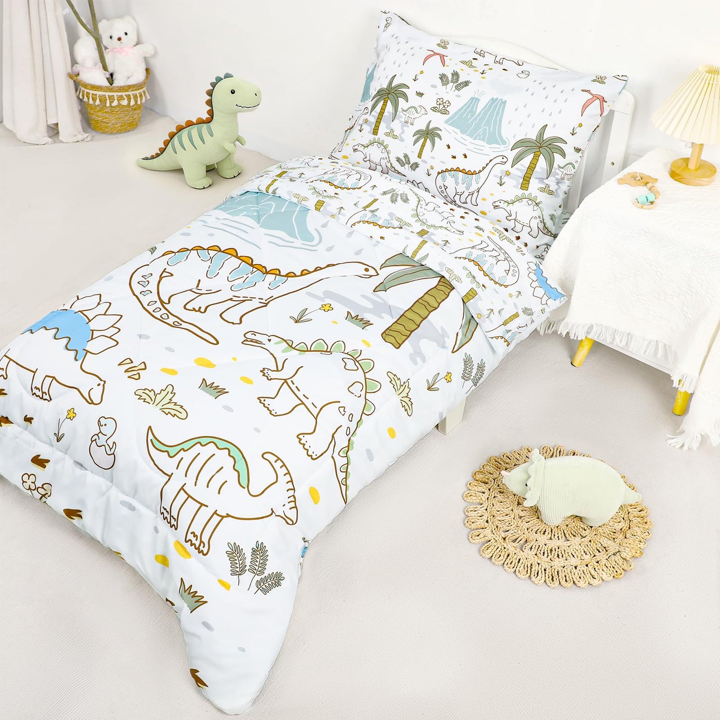 SWESEN Toddler Bedding Set for Boys, Cute Dinosaurs Toddler Boy Bedding Set, Soft & Lightweight 4 Piece Toddler Comforter Sets Include Comforter, Flat Sheet, Fitted Sheet, Pillowcase