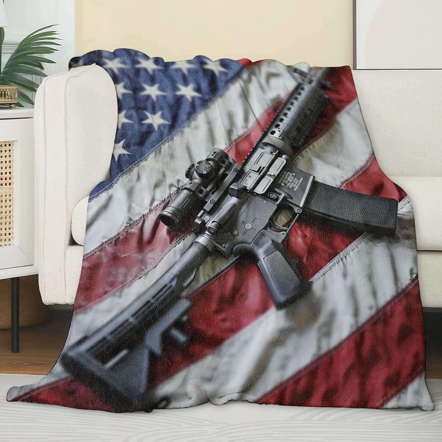 Zeleda Patriotic Blanket for Couch,Bed,Sofa,Soft Cozy Throw for All Season Gun and American Flag Blankets Home Decor Gifts,Flannel Plush Lightweight Comfort Throws for Adults 50×60inch