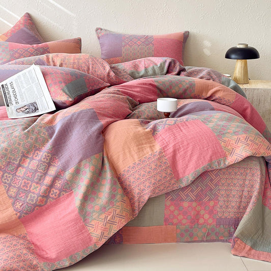 mixinni 100% Cotton Double Layer Yarn Duvet Cover Set, Vintage Patchwork Floral Jacquard Textured Comforter Cover, Reversible Boho Bedding Set with Pillowcases for All Season-King Size