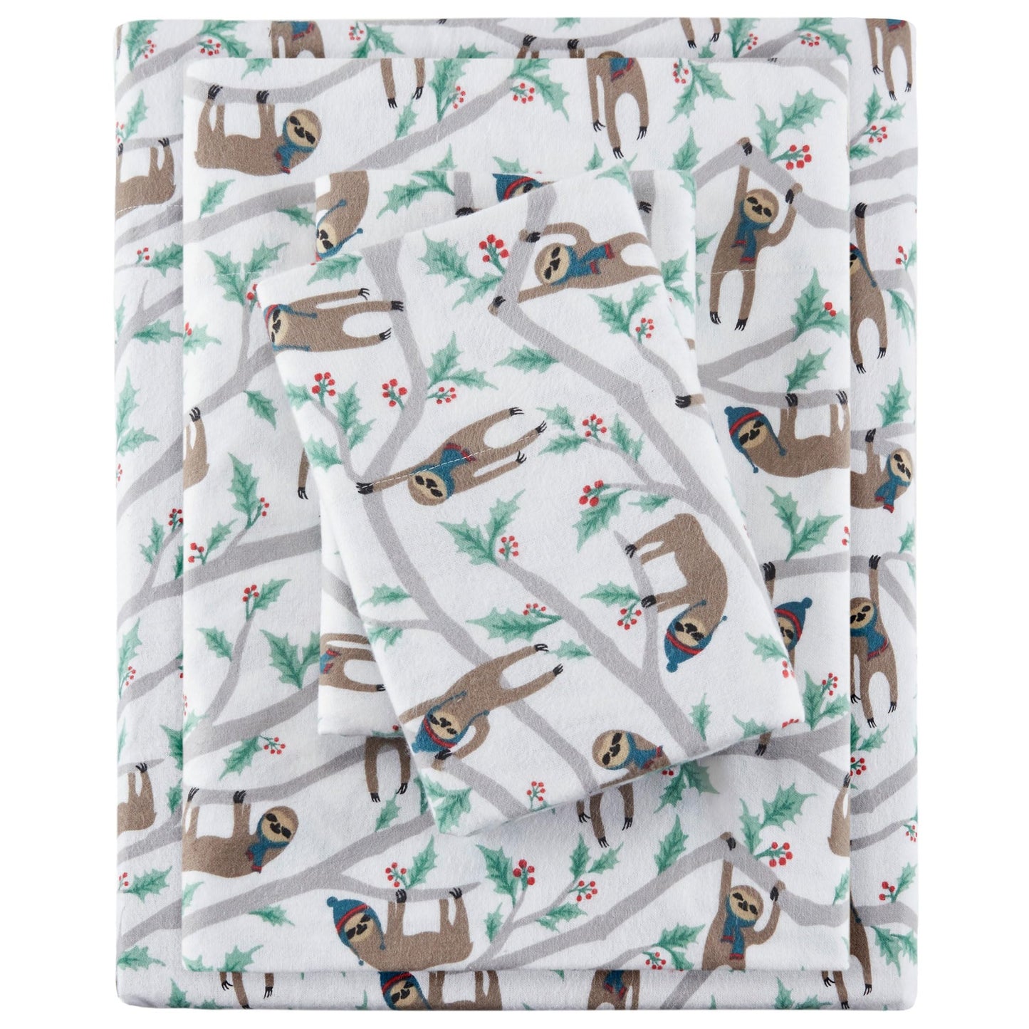 True North by Sleep Philosophy Cozy Flannel Warm 100% Cotton Sheet - Novelty Print Animals Stars Cute Ultra Soft Cold Weather Bedding Set, Queen, Multi Sloth 4 Piece