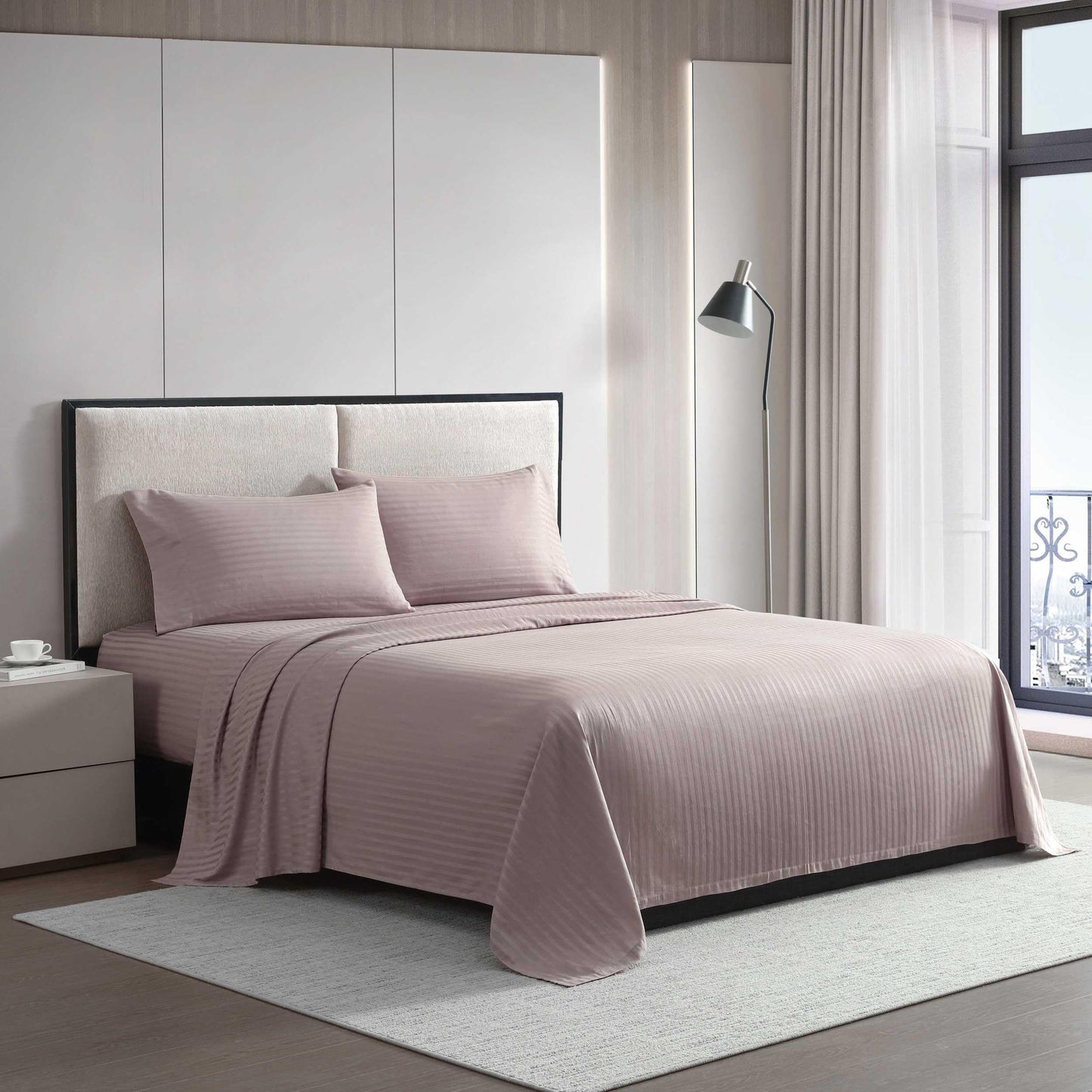 Vera Wang - King Size Sheets Set, Smooth & Crisp Cotton w/Textured Weave, Lightweight for Year Round Comfort- Bed Sheets with Matching Pillowcases & Fitted Sheet (Dobby Stripe Pink)