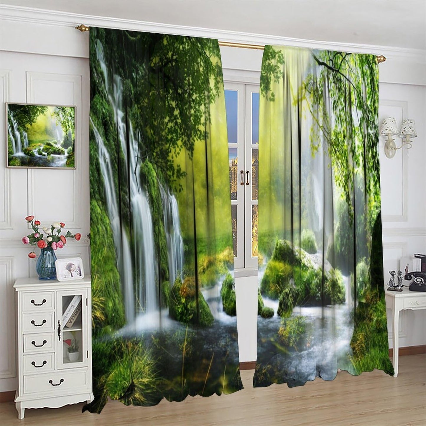 Veridic Spring Waterfall Curtains,Jungle Sunrise Natural Landscape Pattern Decor Rod Pocket Window Drapes for Bedroom Living Room Kitchen 42x45 Inch