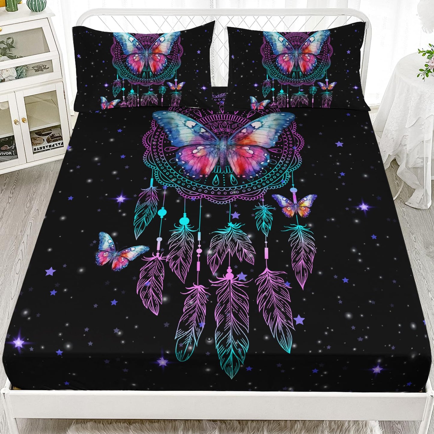 HOSIMA Butterfly Fitted Sheet Twin Size for Girls,Dream Catcher Bedding Set for Women Girls Room Decor Aesthetic,Black Galaxy Starry Print Boho Bedding Set with 2 Pillowcases.