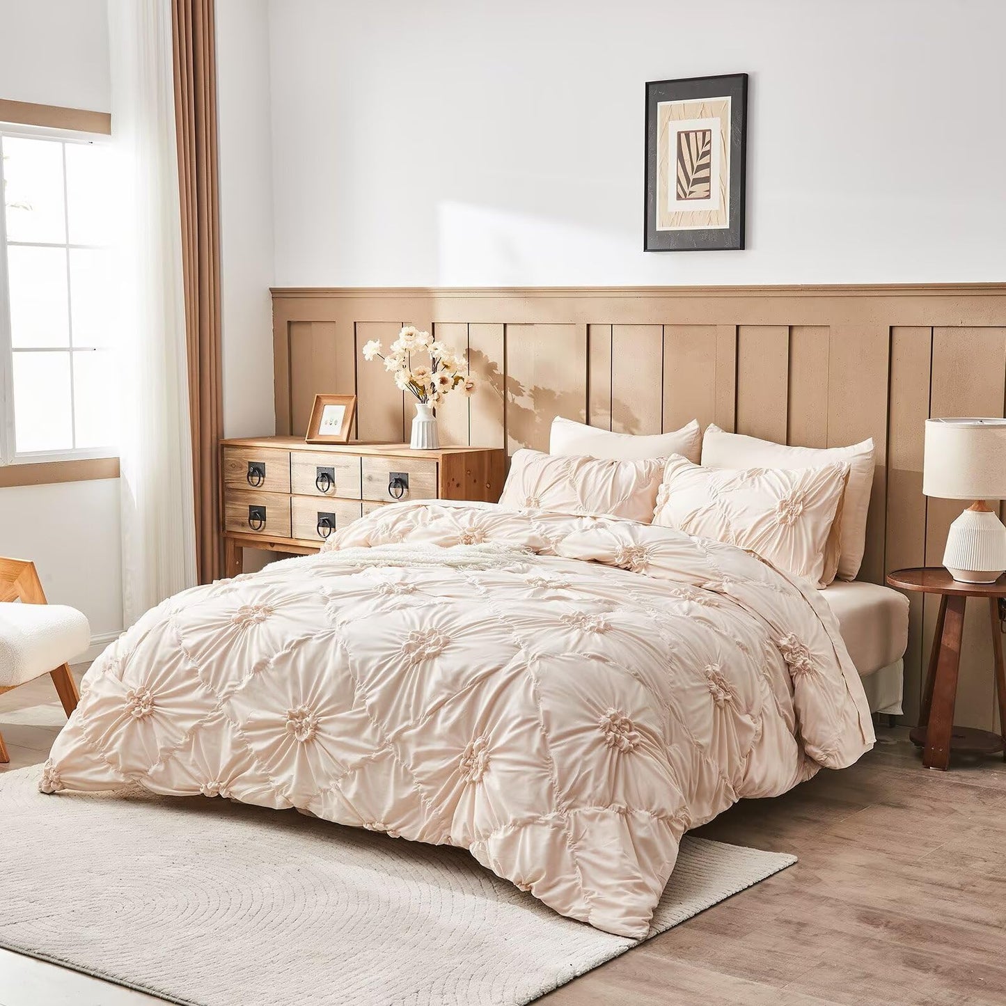 Jameswish Beige Comforter Set Queen Size Bed in A Bag 7 Piece Pinch Pleat Bedding Set, Pintuck Ruched Flowers Bed Set with Comforter, Sheets, Pillowcases & Shams