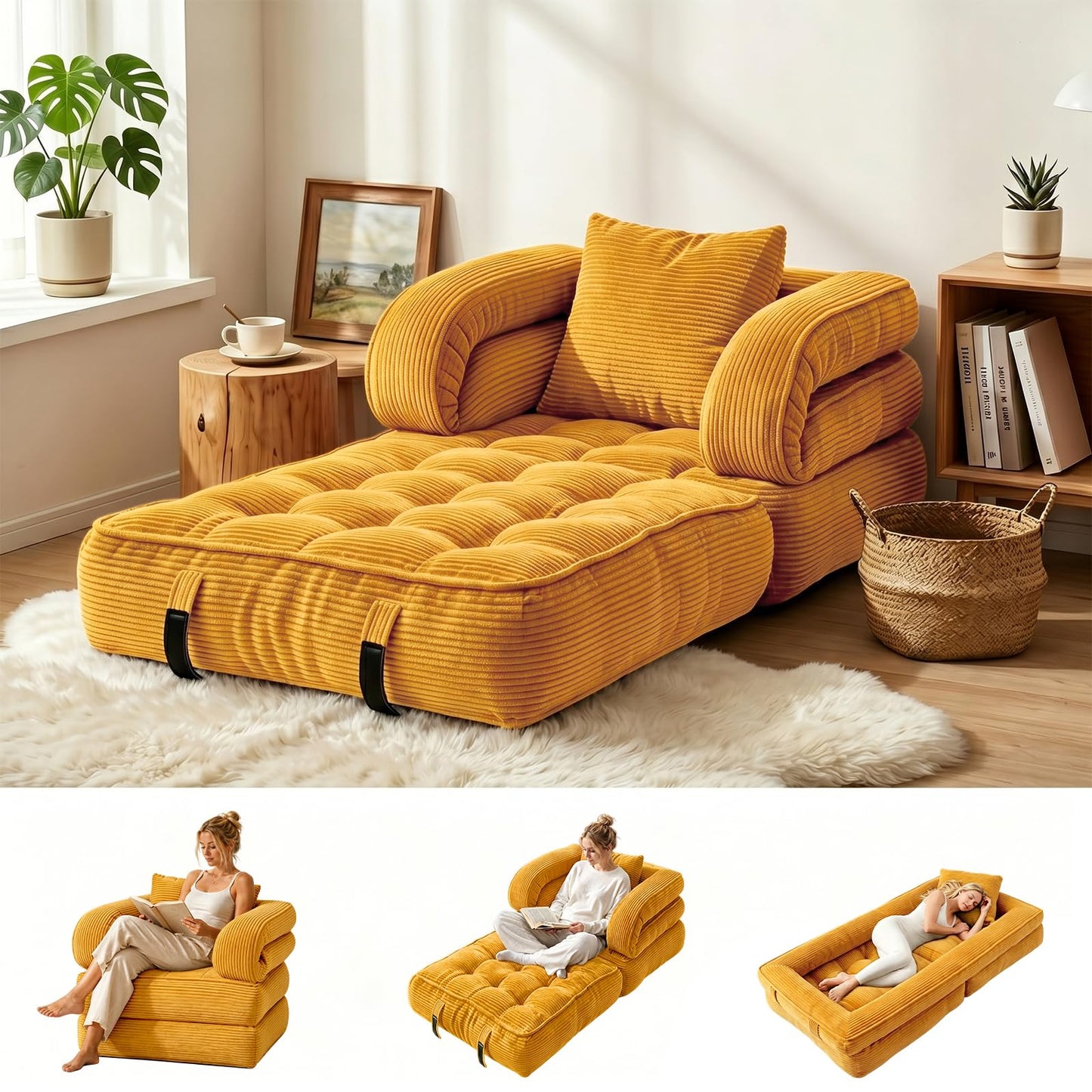 COTOSOF Folding Sofa Bed, Convertible Sleeper Chair with Armrests for Adults, Foldable Corduroy Boneless Bed, 3-in-1 Portable Futon Couch Floor Sofa with Pillow for Bedroom, Living Room, Orange