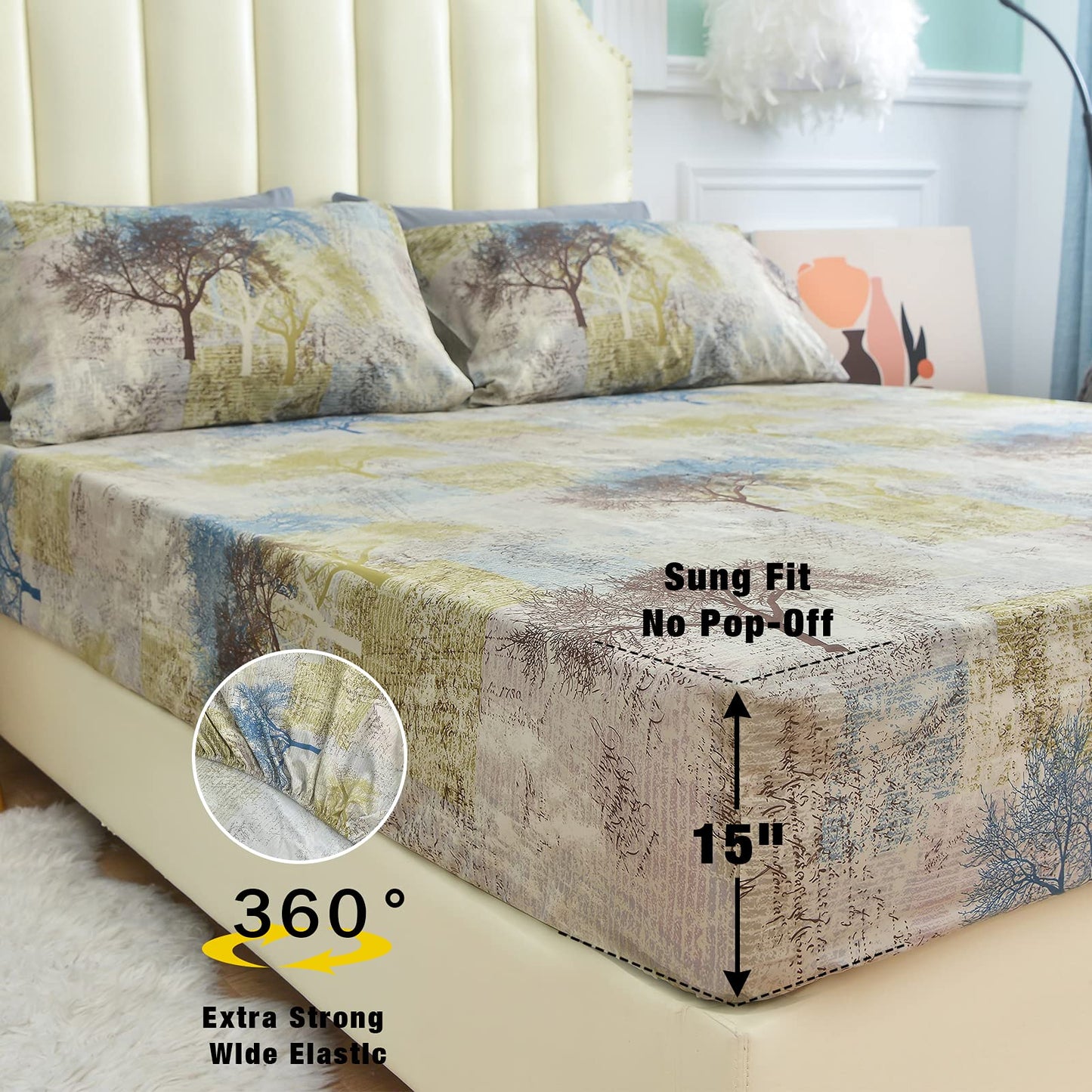 JSD Rustic Print Sheet Set King Size,4 Piece Tree Pattern Soft Microfiber Bed Sheets Extra Deep Pocket